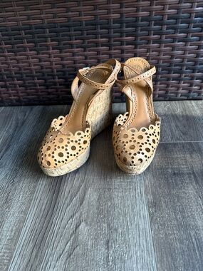Tory Burch Tan Laser-Cut Cork Wedge Sandals